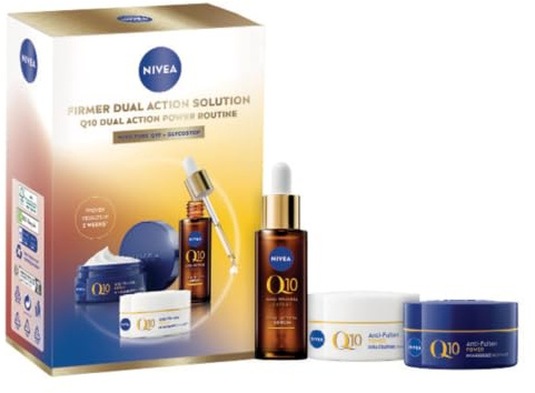 NIVEA Q10 Anti-Falten Power Gesichtspflege Set, Geschenkset mit Tagescreme (50 ml), Nachtcreme (50 ml) und Dual Action Serum (30 ml), Anti-Age Pflegeset