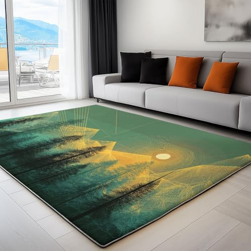 Teppich Wohnzimmer Kinderzimmerteppich Krabbelteppich Spielteppich Antirutsch - Waschbar Modern Erfrischend Sonnenaufgang Wald Kurzflor Teppiche Junge Mädchen, Grün