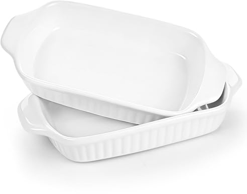 Aleker Rectangular Lasagna Dishes Set of 2, 7.5In White Ceramic Serving Dishes Roasting Dish Baking Dish with Handles for Pie, Casseroles, Oatmeal, Cheesy Corn, Brownie Oven Dishwasher Safe