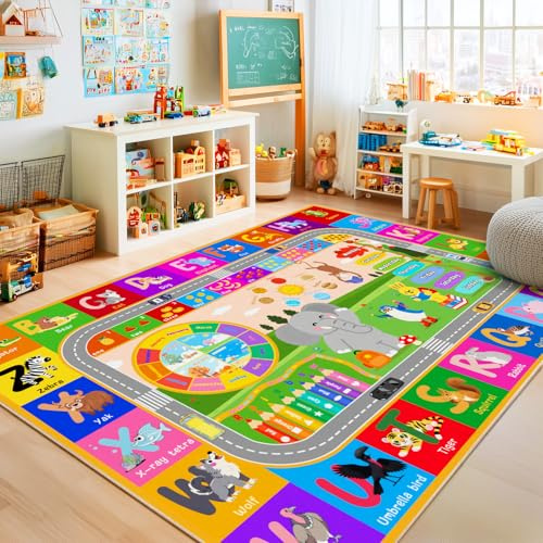 Pionblank Kids Rug for Playroom Classroom, 5x7 Area Rugs Playmat for Learning Animal Alphabet Fruit Numbers Color Season Month,Washable Non Slip Carpet for Toddler Nursery