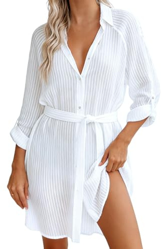 GOZINA Womens Beach Cover ups, Stripe Sarongs Beachwear, Button Down Swimsuit Cover Up Shirt Dress