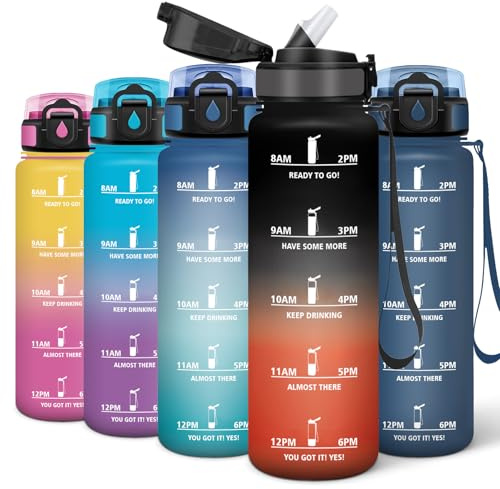 Motswedi Gourde 1l, Réutilisable Gourde Sport, Bouteille Sport, avec Motivation et Marqueur de Temps, Paille Bouteille pour la Remise en Forme, la Salle de Sport et la Randonnée, Noir & Rouge