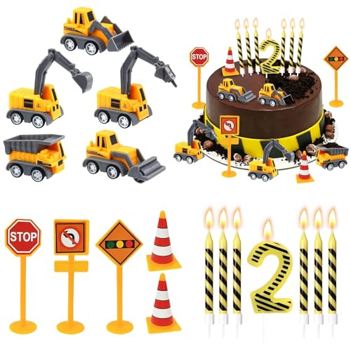 Tortendeko Bagger 2Jahre,17 Stück Geburtstagsdeko für 2 Jahre Junge | Bagger Kuchen Deko 2. Geburtstag Junges,Geburtstagskerze Zahlen 2,Tortendeko,Geburtstagsgeschenke für Junge 2Jahre