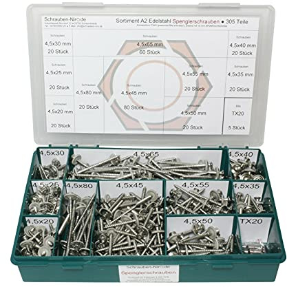 Sortiment Spenglerschrauben Edelstahl V2A 305 tlg. 11 Fächer TORX Tx 20 - 15 mm EPDM Dichtung - Material: Inox, V2A, A2, 2A - zur Befestigung von Trapezblech, Wellplatten, Profilplatten, Wellblech, Dachplatten, Lichtplatten
