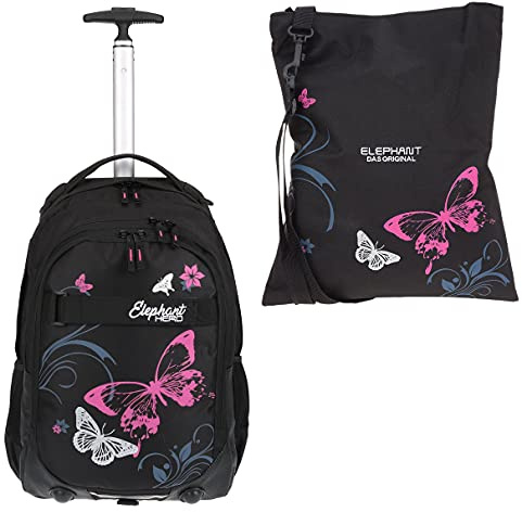 Elephant Schultrolley Mädchen 2tlg. Set 12680 Butterfly Pink tt | Hero Signature Mädchen Kinder Schule Rucksack mit Rollen Räder Trolly Turnbeutel Atach Bag Trolleyrucksack