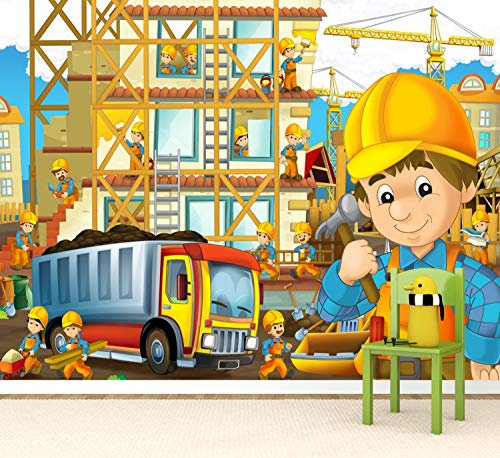 Vlies Tapete Poster Fototapete Kinderzimmer Baustelle Bauarbeiter Farbe color, Größe 100 x 80 cm