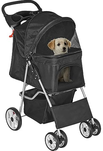 Epetlover Pet Stroller for Dogs, Black 4 Wheels Cat Strolling Cart Foldable Travel Carrier, Waterproof Puppy Jogger Stroller with Storage Basket & Cup Holder