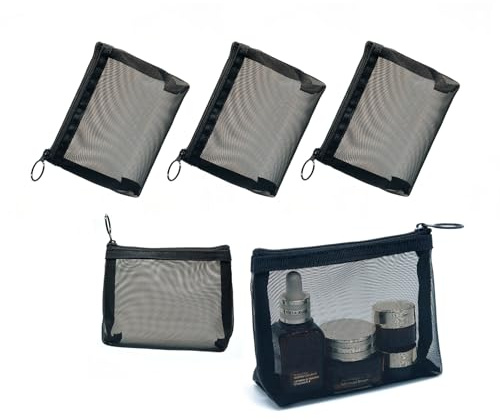 Patu Mini Zipper Mesh Bags, 3 x 4, Size XS / A8, 5 Pieces, Keychain Pouch Key Holder, Coin Purse, Clear Travel Kit Small Item Cosmetic Organizer, Black