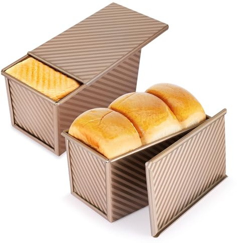 Flexzion Pullman Loaf Pan with Lid Cover (2 Pack) for Baking Oven Sandwich Bread Toast - 1lb Dough Capacity Square Corrugated Cake Mold Non-Stick Carbon Steel Box Bakeware Kitchen Accessories (Gold)