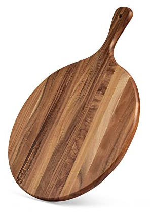 KITEISCAT Tabla de cortar redonda de madera de acacia con mango de 16 x 12 pulgadas - Tabla redonda de pizza y tabla de servir para hornear en casa, queso, frutas, verduras, pan, charcuterías