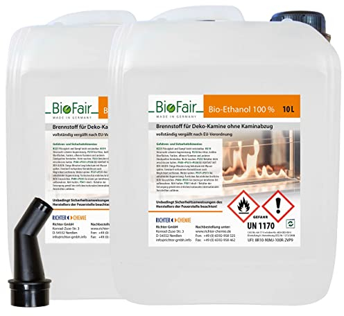 20 Liter (2 x 10L Kanister) Bioethanol 100% in geprüfter Premium Qualität für Bioethanolkamin, Ethanol Tischkamin, Wandkamin, geruchs- und rückstandslose Verbrennung