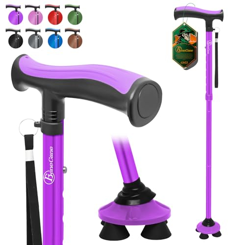 BeneCane Walking Cane for Men & Women Walking Stick for Seniors Folding Canes Quad Cane Adjustable Lightweight Sturdy Free Standing Collapsible Heavy Duty with Soft TPR T-Handle and Travel Bag Purple