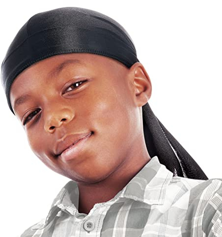 Red by Kiss Kids Sating Durags Powerwave Kids Durags Long Tail and Wide Strap Headwraps Beanies Black, Black, One Size