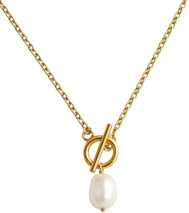Beach to the City Goldene Kette mit Perle Anhänger Damen 46 cm Handmade Hochwertige Schlichte Goldkette mit 18K vergoldet Süßwasserperle Halsette mit Anhänger Damen für Frauen