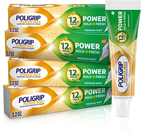 Super Poligrip Power Max Power Hold + Fresh Denture Cream, Premium Peppermint - 2.2 oz x 4
