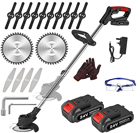 SMILOVII 24V Cordless Strimmer, Telescopic Lightweight Grass Trimmer with 6xMetal Blades & 10xPlastic Blades, 2 x 2000mAh Battery, Electric Garden Strimmer Grass Cutter for Lawn Edger Pruning Weed