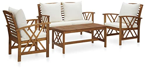 Hommdiy 4 TLG. Garten-Lounge-Set Akazienholz Massiv Gartenmöbel Lounge Bank Stuhl Tisch Gartenset Sitzmöbel Sitzgruppe Gartenbank Beistelltisch Gartengarnitur, Mit Kissen Weiß