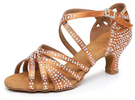 Rosefinch Scarpe da Ballo Latino da Donna con Strass Fondo Morbido Modern Pole Dance Ballroom da Sposa Scarpe Latine Regolabili per Ragazze Signore Marrone 5cm Tacco 37 EU
