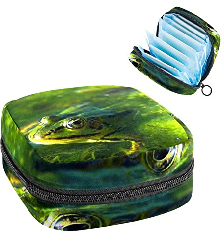 Periodenbeutel, tragbare Tampon-Aufbewahrungstasche für Damenbinden, Frosch, Schwimmen in grünem Meeresalgen, Mehrfarbig, 4.7x6.6x6.6 in/12x17x17 cm
