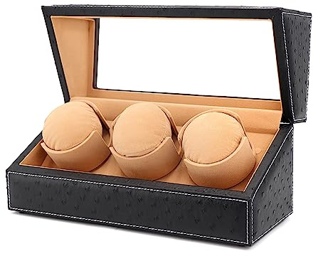 DRIKLUX Automatic Watch Winder for Rolex and Other Luxury Watches - Automatic Winder with Quiet Motor, Premium Black Ostrich Leather Exterior and Soft Flexible Watch Pillows of Camel Velvet