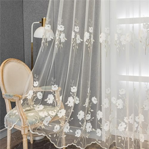 KEKUYA 1er-Set Voile Dekoschal Ösenvorhang,Gardinen Lichtdurchlässig Paneele Vorhänge für Schlafzimmer WohnzimmerWeiße Stickerei B270×H240cm