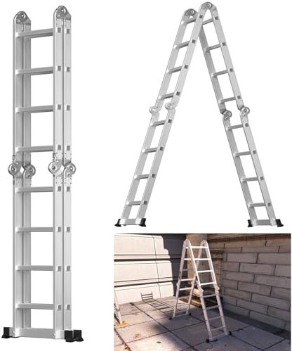 4.7M Multi-Purpose Aluminium Telescopic Ladder, Extendable Ladder A Frame/Straight Ladder Heavy Duty Collapse Ladder, Max Load 150kg/330lb, Folding Ladders Telescopic with Safety Lock & Steel Platform