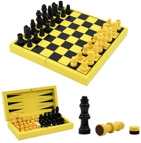 TUNJILOOL Schachspiel, 3 in 1 Schachbrett Holz Hochwertig Schach Dame Backgammon, Tragbares und Faltbares Chess Board Set, Schachspiel Klappbar für Teen Erwachsene Party Reisen (18cm)