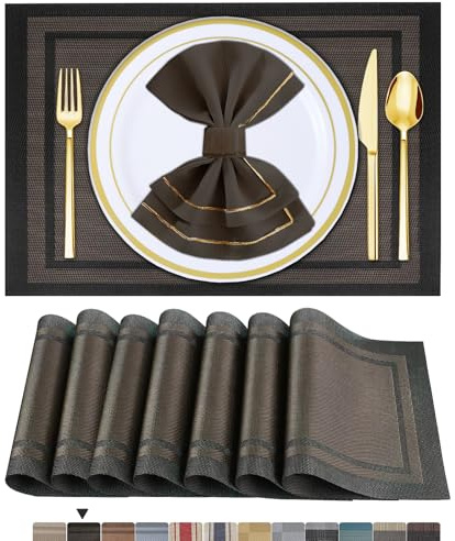 ARTAND Tovagliette Americane Lavabili Set di 6 Colazione Sottopiatti Plastica Intrecciato Tovaglietta Personalizzate - Set di 6, 01 Nero Oro