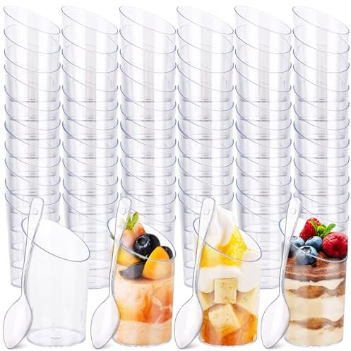 MUXHEL 100Set/200pcs Plastic Dessert Cups 60ml Clear Mini Dessert Cups with Spoons Angled Round Cheesecake Pots Reusable Dessert Pots for Chocolate Cheesecake Desserts Appetizers Fruit Mousse Pudding