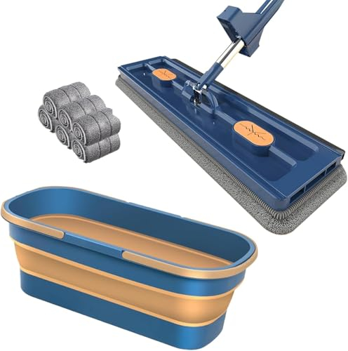 Trapeador Plano Grande, Trapeador mágico de 360 ​​​​Grados, Trapeador de Pared autoescurrido para Limpieza de Pisos Planos, Raspador para Limpiar trapeador de Ventanas, Azul, Trapeador + 6 a