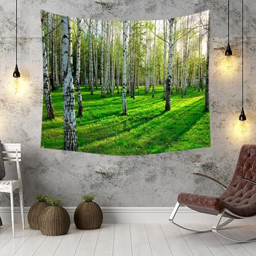 KnSam Tapisserie Dunkel Grau Grün, Landschaft Natur Wandteppich Wiese Wald Birke Dschungel Wandtuch Polyester Wandtücher für Wohnzimmer Kinderzimmer, 240x220cm