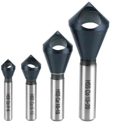 QWORK 4PCS Cobalt Single-End Countersink Chamfer Tool Set, M35 High-Speed Steel, 90° Cutting Angle