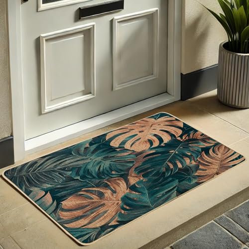 Tapete de hojas tropicales, tapete de entrada de hoja de palma verde para decoración de interiores y exteriores, impermeable, antideslizante, absorbe el polvo, fácil de limpiar, 73 x 43 cm