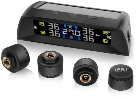 KAOLALI TPMS Reifendruckkontrollsystem, Innenraumtemperaturanzeige, Solarladung und USB-Ladefunktion, mit Farbiger LCD-Anzeige und 4 Externen Reifendrucksensor für Van RV LKW SUV(0-72 PSI)