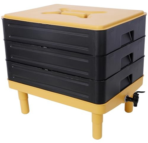 Lunanniu 3 Tray Worm Composter, 65L Worm Compost Bin, Yellow and Black