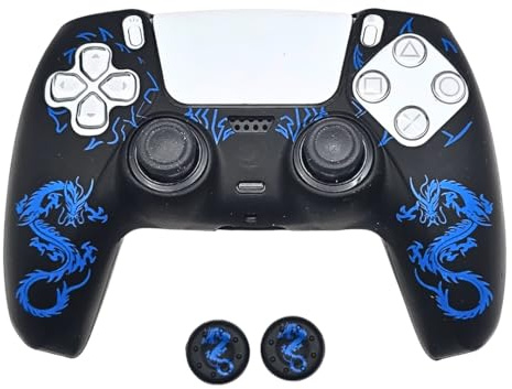 Set aus rutschfestem, strapazierfähigem Silikon mit blauem Drachen-Design für PS5-Controller, mit 2 personalisierten Daumengriffen, passend zur Fernbedienung