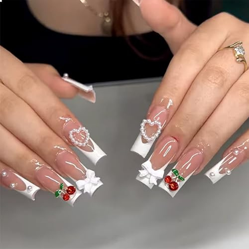 GlamRays 3D Kirschschleife Perlen Falsche Nägel Weiße French Tip Press on Nägel Extra Langer Quadratischer Falscher Nagel Mit Design Glanzvoller Vollständiger Überzug 24Pcs