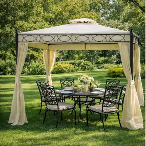 Yellowshop - Gazebo in Metallo Robusto da Giardino 3x3 e 3x4 metri con Copertura e Tende laterali antipioggia Design Moderno ed Elegante Crema Manaus (3x3 Metri)