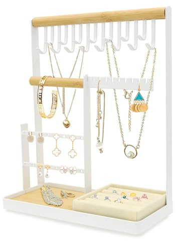 ZYNERY Schmuckständer Schmuckhalter, Schmuck Organizers mit Ringbasis, 15 Haken, 16 Löcher Ohrringhalter Schmuckaufbewahrung für Halsketten Armbänder Ringe, Weiß