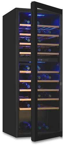 Exquisit® Vinoteca para 78 Botellas, 194L, Negro, Clase G, Doble Zona de Temperatura 5-20°C, Control Digital, Puerta de Cristal Reversible, Iluminación LED, 9 Estantes, Medidas (128,5 x 49 x 57,5 cm)