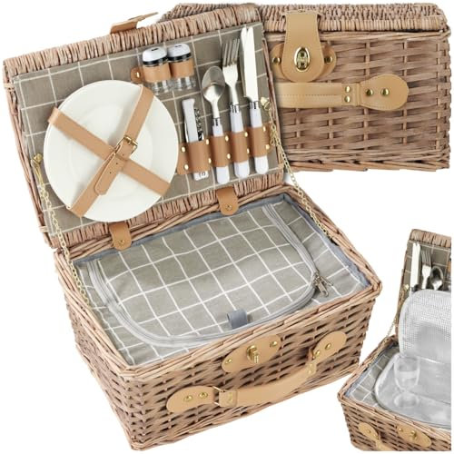 tectake® Picknickkorb 2 Personen, inkl. Kühlfach, befüllter Picnic Basket Weidenkorb für Ausflug, Camping, Dinner Date, Picknickkorb mit Deckel, als Geschenkkorb, Rotkäppchen Korb - Langeoog