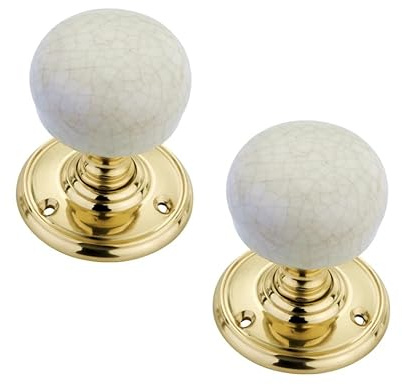 Infinity Decor Pair of Vintage Style Ceramic Mortice Door Knobs Pull Handles on Polished Brass Rose 60mm – Ideal for Interior & Exterior Doors