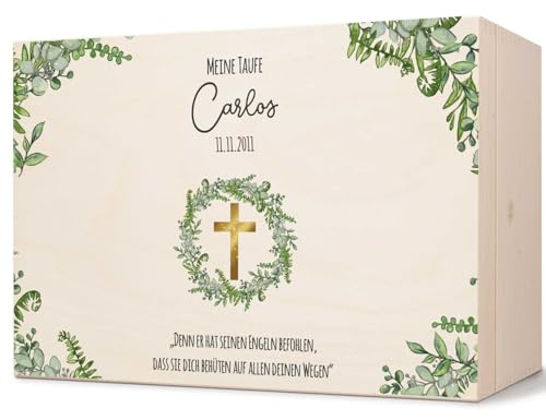 GRAVURZEILE Bedruckte Erinnerungskiste - Kranz Kreuz - Personalisiert mit Name & Datum - Erinnerungsbox für Mädchen & Jungen - Geschenk zur Kommunion, Konfirmation & Taufe - Farbe: Kreuz