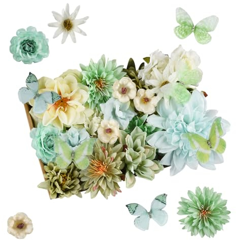 Joyblossom 36 Stück Kunstblumen Blumenköpfe, Kunstblumen zum Basteln, Seidenblumen klein, mit Schmetterling, Mini Deko Blumen für Hochzeit, Brautstrauß, DIY Crafts, Tisch, Party, Home Deko, Grün