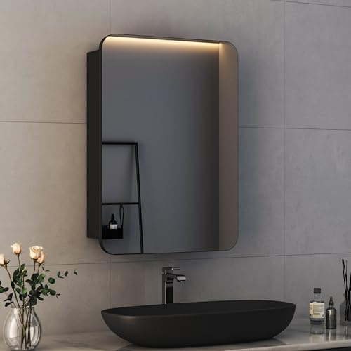 Hopibath Spiegelschrank Schwarz Spiegelschrank 50x70cm Bad Metall Badezimmerschrank mit Spiegel Badezimmerspiegelschrank mit Verstellbare Glasablage