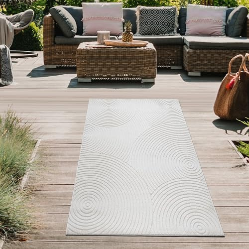 Teppich-Traum In- & Outdoor Teppich Kreismuster Creme Hoch-Tief 80x150 cm | Für Balkon, Terrasse, Wintergarten & Küche, pflegeleicht, wetterfest, UV-beständig, robust und schmutzabweisend