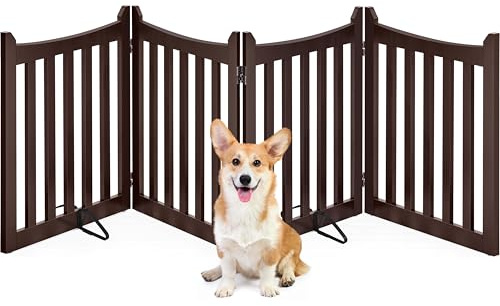 Yaheetech 24 H Freestanding Pet Gate for Dogs Wooden Dog Gates for Hallway, Doorway Collapsible Indoor Pet Fence with Support Feet Stair Barrier 4 Panels Fence Espresso