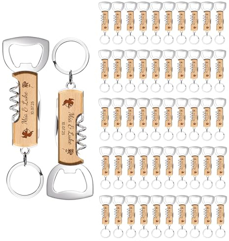 50 Pcs Porte-Clés Décapsuleurs Personnalisables en Bois, Cadeau Mariage pour Invités, Tire Bouchon Personnalisé, Idéal pour Bar, Maison, Anniversaire et Fête