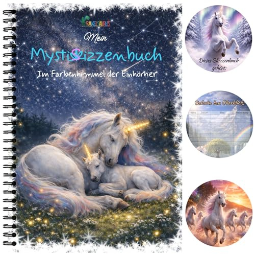 Krakelsaurus Skizzenbuch Einhorn A4 für Kinder – mit Inhaltsverzeichnis – Zeichenblock & Malblock mit Spiralbindung, Kreativbuch mit weißem 120 g/m² Papier für Mädchen ab 3 Jahre und Einhorn-Fans