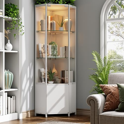 Vetrina angolare con vetro temperato, altezza 165 cm, con illuminazione a LED, vetrina a 3 livelli e 1 livello, vetrina per oggetti da collezione, liquori, soggiorno, camera da letto, ufficio